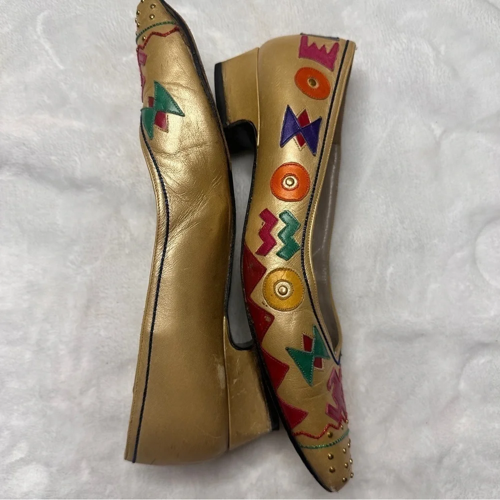 Margaret Jerrold Vintage 80s Leather Flats Aztec Southwestern Print Womens 6.5
